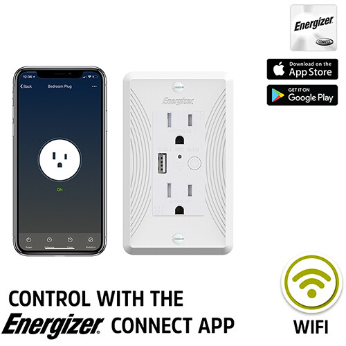 Energizer EWO3-1001-WHT Smart In-Wall Outlet with USB